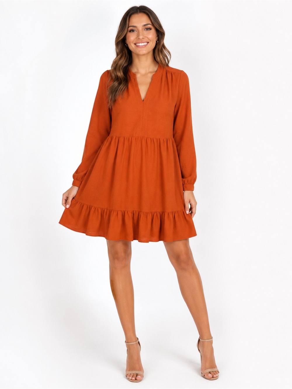 Vince Camuto Burnt Orange Long-Sleeve Ruffle Hem Dress